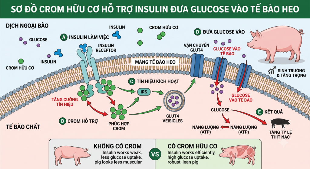 Sơ đồ crom hữu cơ hỗ trợ insulin và chuyển hóa glucose ở heo